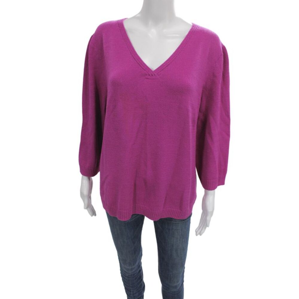 St. John Sport Unisex Pullover Sweater Purple V-Neck 3/4 Sleeve Wool Size XL